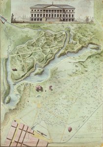 Peterhof, Rusia: Elevación del Palacio Inglés y plano del parque de Giacomo Antonio Domenico Quarenghi